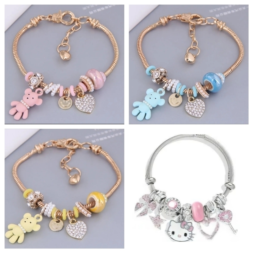 Heart and Teddy Bear Charm Bracelet Blue Zircon Heart Charm - Picture 5 of 9
